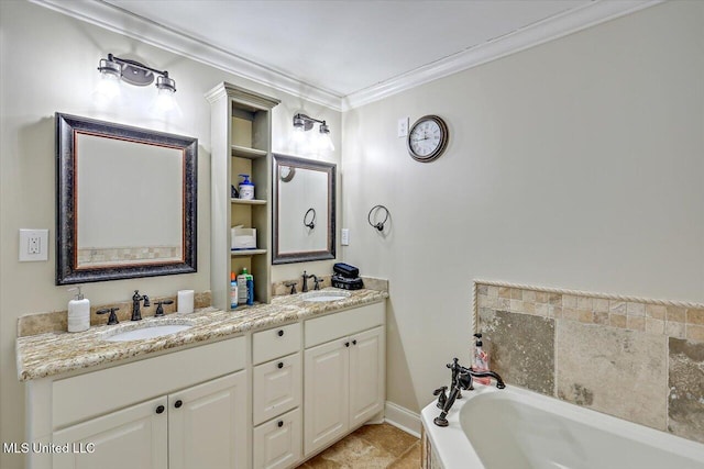 bathroom with crown molding, vanity, and a tub to relax in