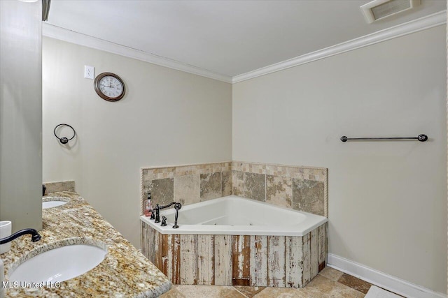 bathroom featuring vanity, tiled tub, and crown molding