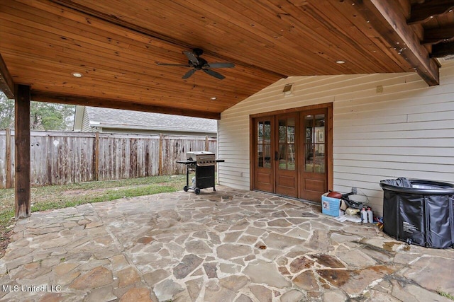 view of patio / terrace featuring grilling area, french doors, and ceiling fan