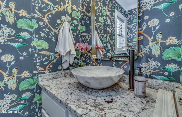 865 Wellington Way, Madison, MS 39110 - bathroom featuring ornamental molding, vanity, and wallpapered walls