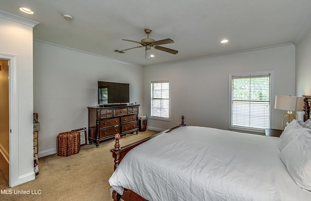 865 Wellington Way, Madison, MS 39110 - bedroom featuring ornamental molding, light carpet, baseboards, recessed lighting, and a ceiling fan