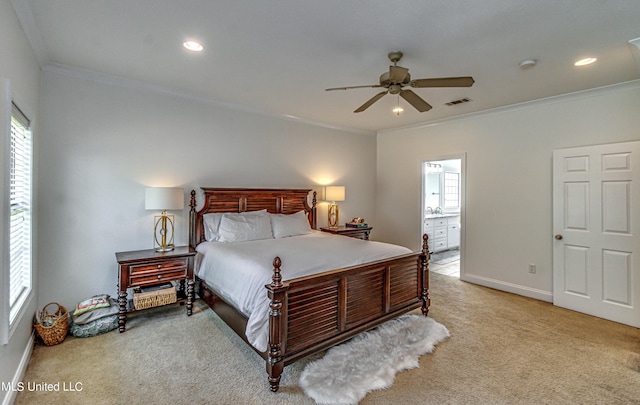 865 Wellington Way, Madison, MS 39110 - bedroom with light colored carpet, crown molding, ensuite bathroom, baseboards, and recessed lighting
