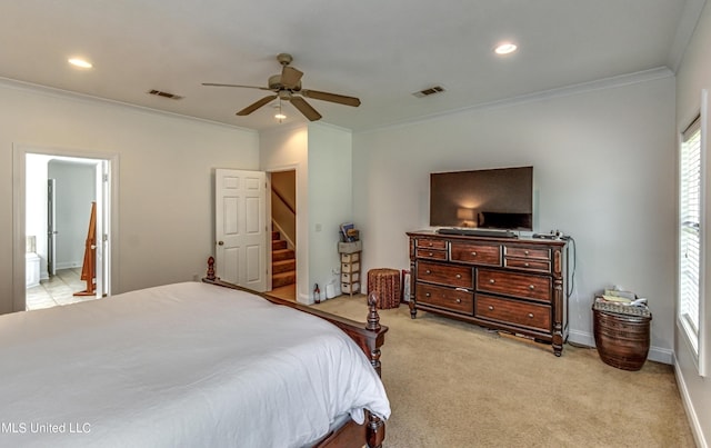 865 Wellington Way, Madison, MS 39110 - bedroom with ornamental molding, baseboards, recessed lighting, light colored carpet, and ceiling fan