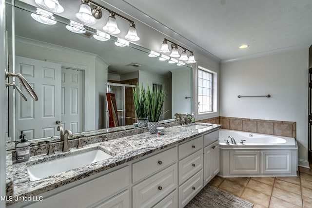 865 Wellington Way, Madison, MS 39110 - full bath with a shower stall, double vanity, tile patterned flooring, a garden tub, and ornamental molding