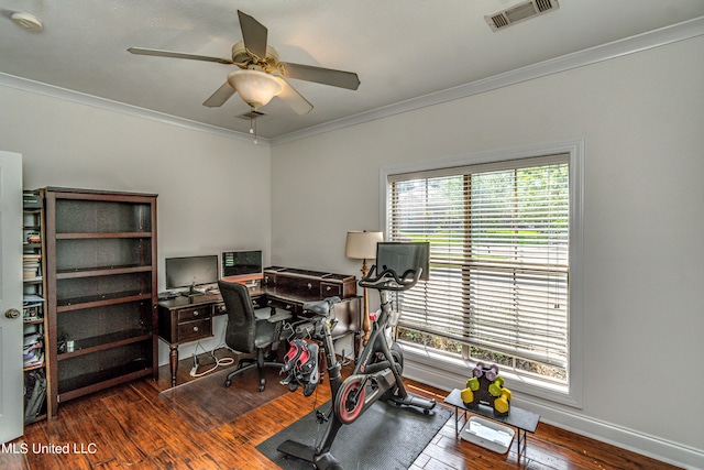 865 Wellington Way, Madison, MS 39110 - home office with ornamental molding, wood-type flooring, ceiling fan, and baseboards