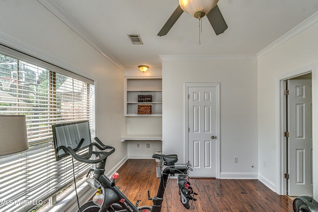 865 Wellington Way, Madison, MS 39110 - exercise area with ornamental molding, built in features, wood finished floors, a ceiling fan, and baseboards