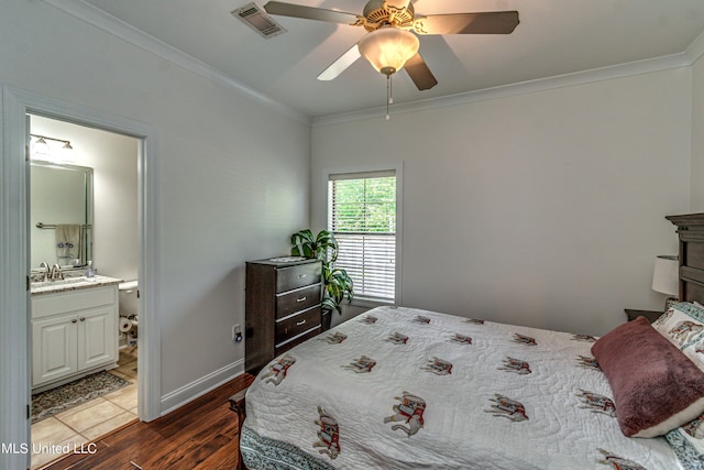 865 Wellington Way, Madison, MS 39110 - bedroom with ornamental molding, wood finished floors, a ceiling fan, a sink, and connected bathroom