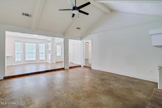 437 Henry Byrd Rd, Florence, MS 39073 - unfurnished living room featuring finished concrete floors, beamed ceiling, a ceiling fan, and high vaulted ceiling