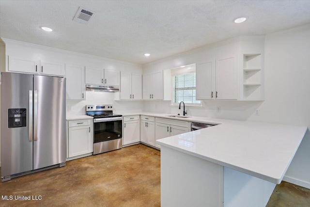 437 Henry Byrd Rd, Florence, MS 39073 - kitchen featuring stainless steel appliances, under cabinet range hood, a peninsula, open shelves, and finished concrete flooring