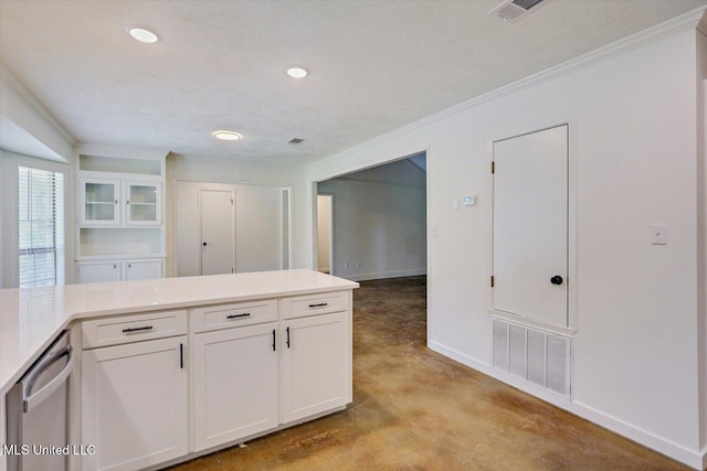 437 Henry Byrd Rd, Florence, MS 39073 - kitchen featuring white cabinets, stainless steel dishwasher, concrete floors, recessed lighting, and crown molding