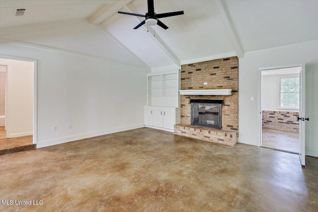 437 Henry Byrd Rd, Florence, MS 39073 - unfurnished living room featuring finished concrete flooring, a ceiling fan, and a brick fireplace