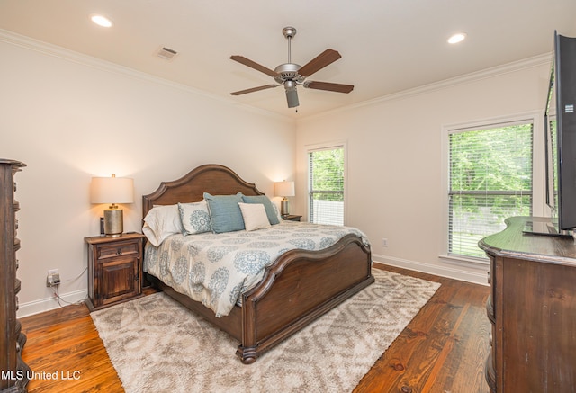 228 Falls Xing, Madison, MS 39110 - bedroom featuring baseboards, dark wood-style flooring, crown molding, ceiling fan, and recessed lighting