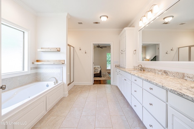 228 Falls Xing, Madison, MS 39110 - ensuite bathroom with vanity, a garden tub, a stall shower, ceiling fan, and crown molding