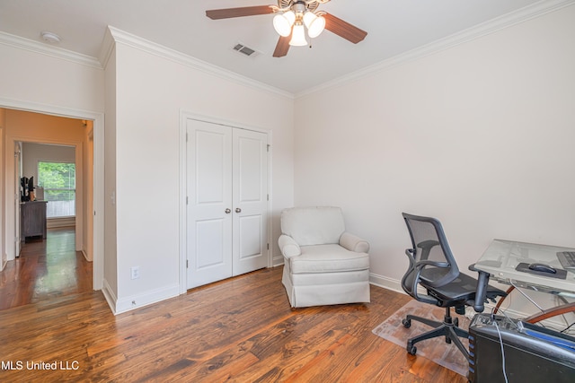 228 Falls Xing, Madison, MS 39110 - home office featuring wood finished floors, a ceiling fan, ornamental molding, and baseboards