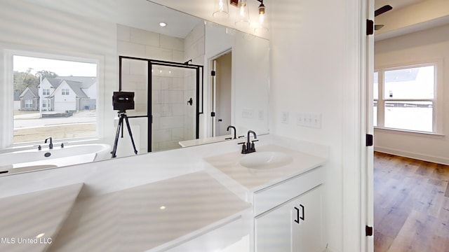 bathroom featuring vanity, walk in shower, and hardwood / wood-style flooring