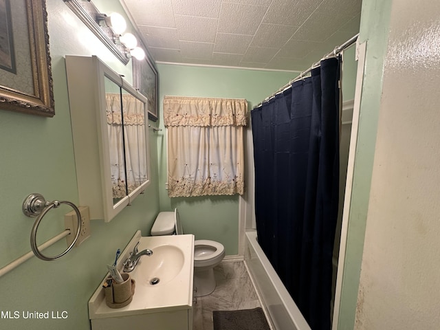 full bathroom featuring shower / bath combination with curtain, vanity, toilet, and tile patterned floors