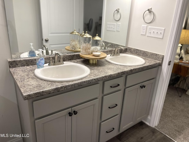 bathroom with vanity and wood-type flooring