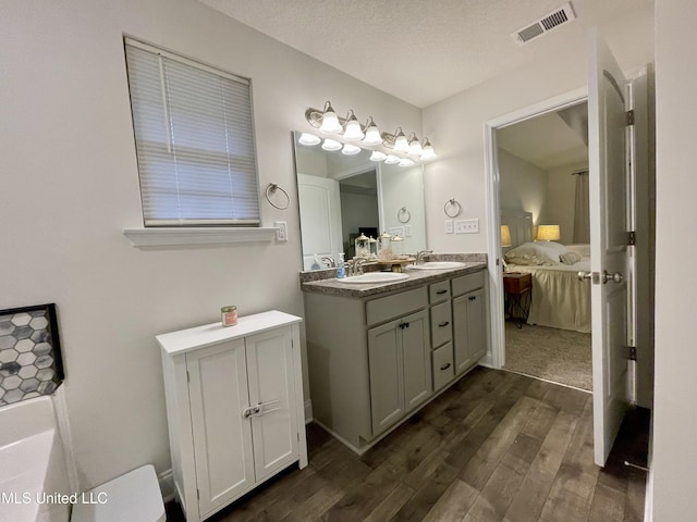 bathroom with vanity, wood-type flooring, and a textured ceiling