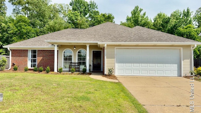 ranch-style home with covered porch, a front yard, a shingled roof, an attached garage, and driveway