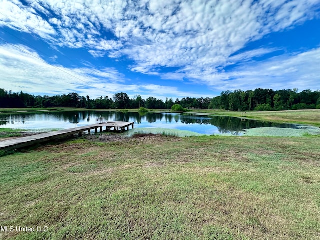 dock area featuring a water view and a lawn