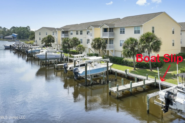 view of dock with a water view and boat lift