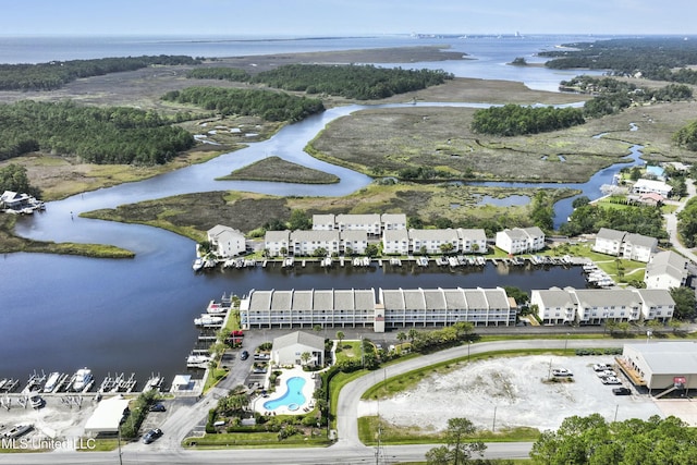 drone / aerial view featuring a water view