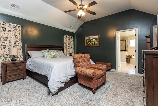 3289 Marion Ln, Southaven, MS 38672 - bedroom featuring carpet floors, vaulted ceiling, ensuite bath, ceiling fan, and tile patterned floors