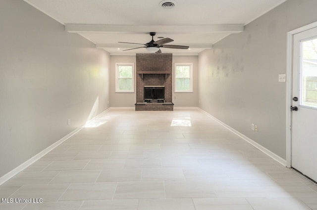unfurnished living room featuring beam ceiling, baseboards, visible vents, ceiling fan, and a fireplace