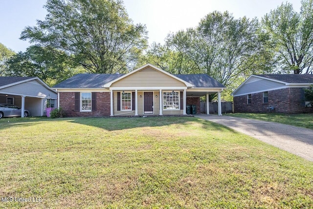 ranch-style house featuring a front lawn, an attached carport, driveway, fence, and brick siding