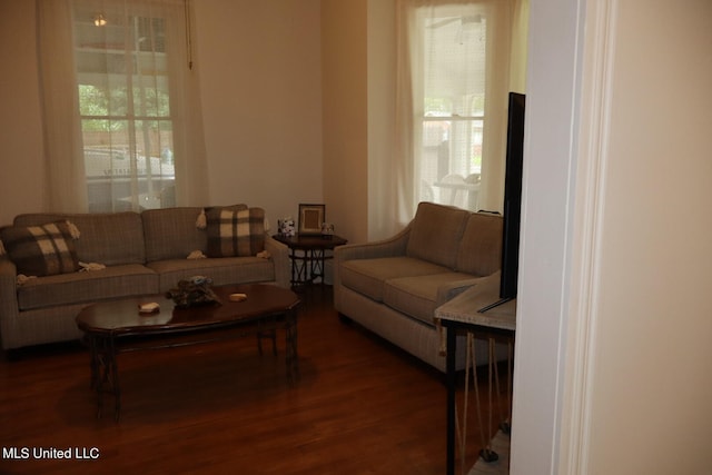 living room with dark hardwood / wood-style flooring and plenty of natural light