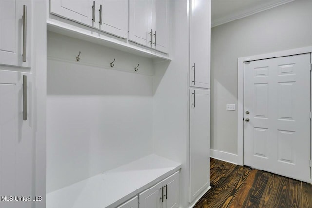 mudroom with crown molding and dark wood-type flooring