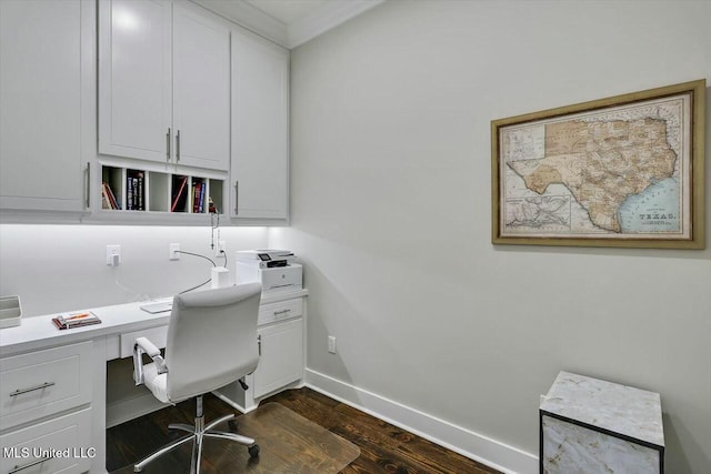 office featuring dark hardwood / wood-style floors and built in desk