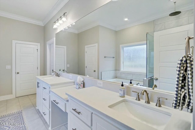 bathroom featuring tile patterned floors, vanity, ornamental molding, and shower with separate bathtub