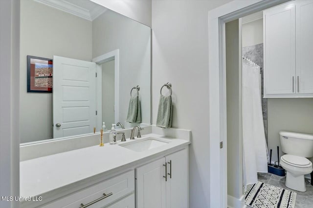 bathroom featuring vanity, crown molding, tile patterned flooring, toilet, and walk in shower