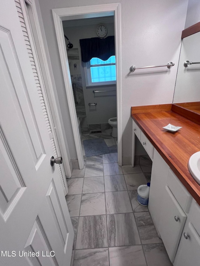 bathroom with vanity, a shower, and toilet