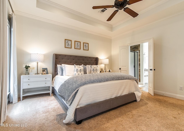 124 Westerly Pl, Madison, MS 39110 - carpeted bedroom featuring a raised ceiling, crown molding, baseboards, and a ceiling fan