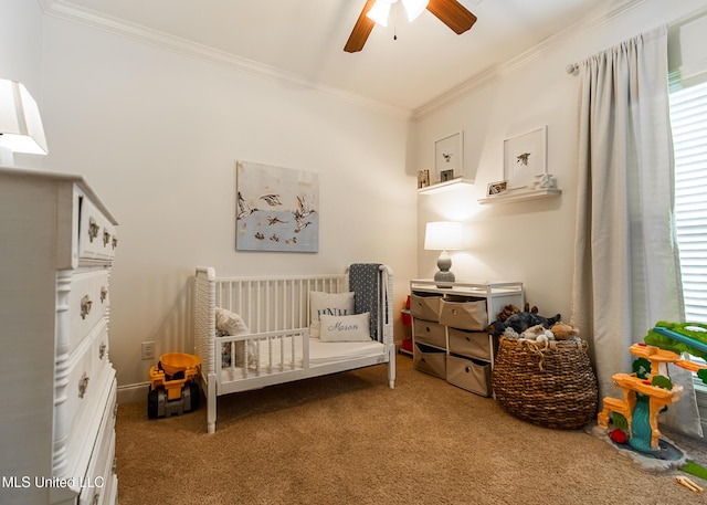 124 Westerly Pl, Madison, MS 39110 - carpeted bedroom with crown molding, a nursery area, and ceiling fan