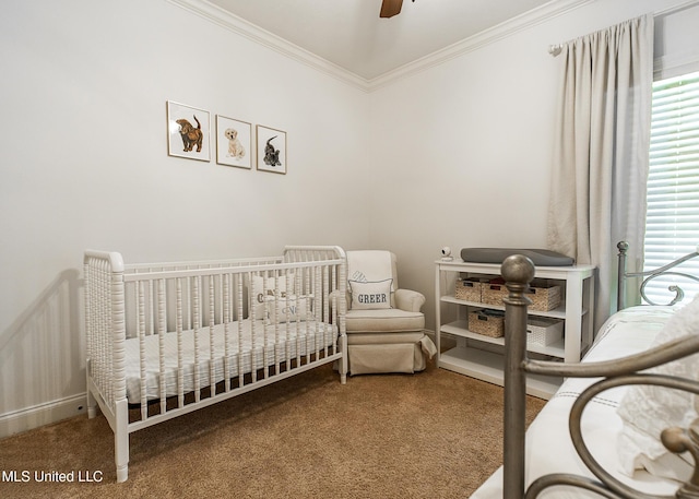 124 Westerly Pl, Madison, MS 39110 - bedroom featuring ornamental molding, carpet floors, a ceiling fan, and a crib