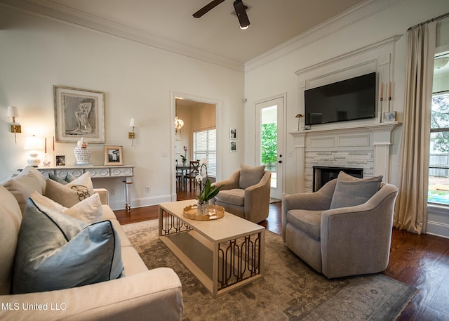 124 Westerly Pl, Madison, MS 39110 - living room with crown molding, ceiling fan, wood finished floors, and healthy amount of natural light