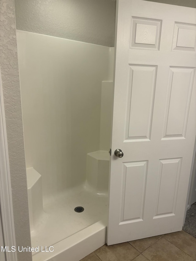 bathroom featuring tile patterned flooring and a shower stall