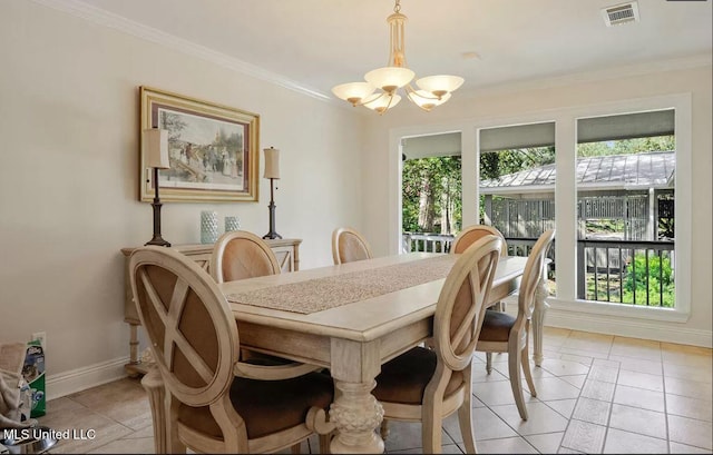 dining space with visible vents, a chandelier, a wealth of natural light, and ornamental molding