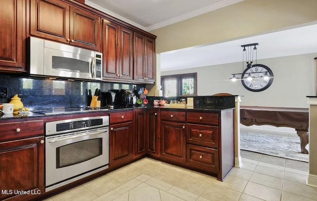 kitchen with stainless steel appliances, a peninsula, dark brown cabinets, backsplash, and crown molding