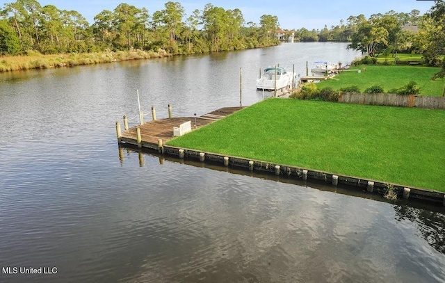 dock area with a water view and a lawn