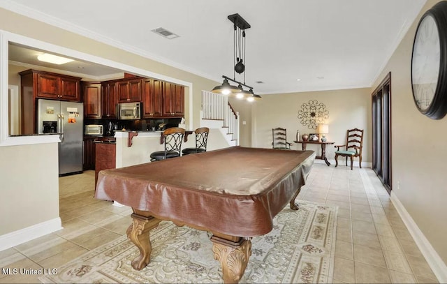 playroom with crown molding, light tile patterned flooring, billiards, and visible vents