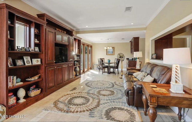 living room with ornamental molding, light tile patterned flooring, and visible vents