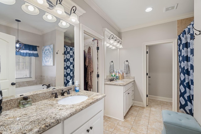 bathroom featuring tile patterned flooring, vanity, and crown molding