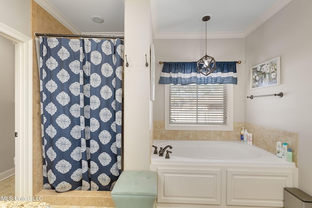 bathroom with plus walk in shower, tile patterned flooring, and crown molding