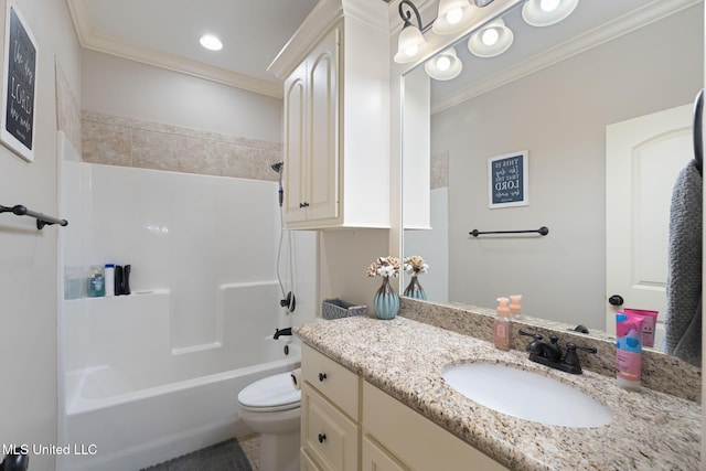 full bathroom featuring toilet, vanity, bathing tub / shower combination, and ornamental molding