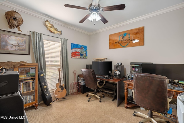 carpeted home office featuring ceiling fan and ornamental molding