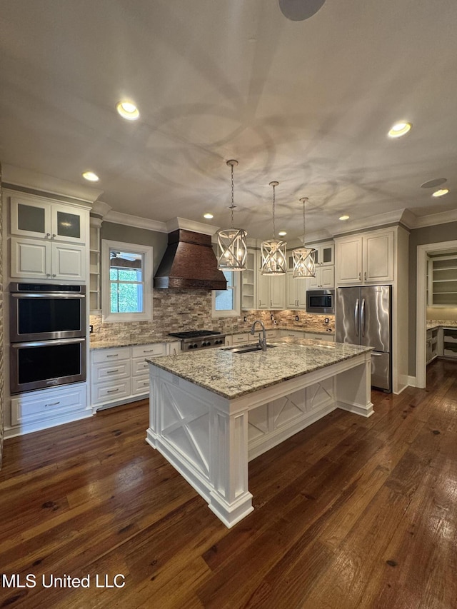 402 Ironwood Pl, Madison, MS 39110 - kitchen featuring ornamental molding, recessed lighting, decorative backsplash, custom range hood, and appliances with stainless steel finishes
